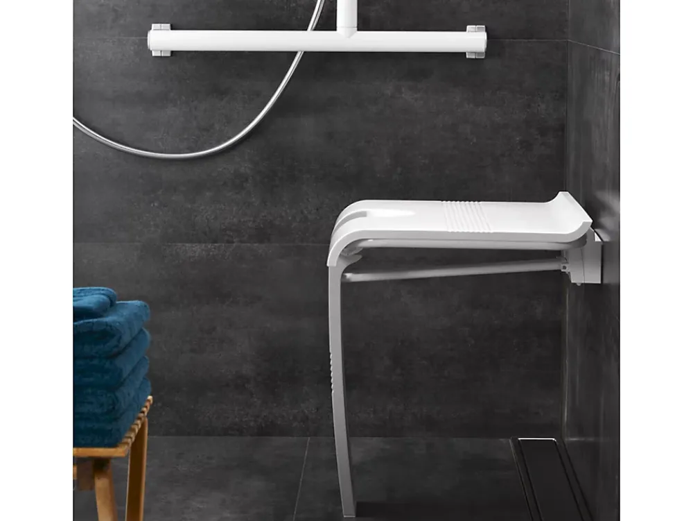 Siège De Douche|Pellet Siège de douche ARSIS escamotable avec béquille automatique - Assise blanche et piètement époxy blanc