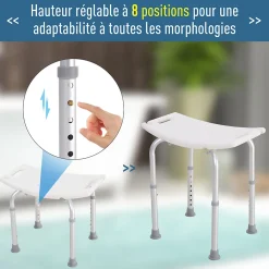 Siège De Douche|Homcom Siège de douche réglable en hauteur tabouret de douche ergonomique pieds antidérapants charge max. 136 Kg alu HDPE blanc