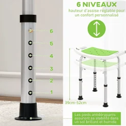Homcom Siège de douche réglable en hauteur tabouret de douche ergonomique pieds antidérapants charge max. 135 Kg alu HDPE blanc vert