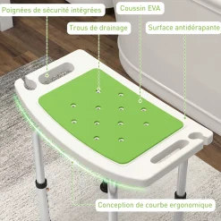 Homcom Siège de douche réglable en hauteur tabouret de douche ergonomique pieds antidérapants charge max. 135 Kg alu HDPE blanc vert
