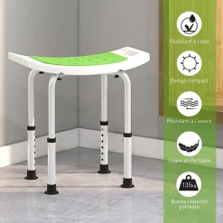 Homcom Siège de douche réglable en hauteur tabouret de douche ergonomique pieds antidérapants charge max. 135 Kg alu HDPE blanc vert