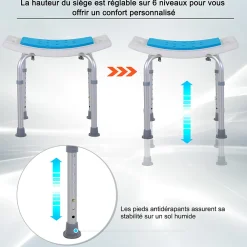 Siège De Douche|Homcom Siège de douche réglable en hauteur tabouret de douche ergonomique pieds antidérapants charge max. 135 Kg alu HDPE blanc bleu