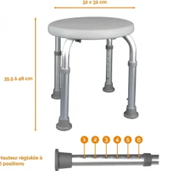 Linxor Siège, tabouret de douche rond réglable en hauteur - Blanc - Vivezen