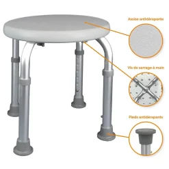 Linxor Siège, tabouret de douche rond réglable en hauteur - Blanc - Vivezen