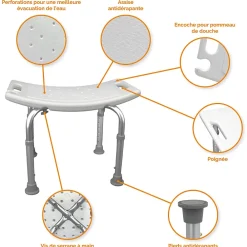 Siège De Douche|Linxor Siège, tabouret de douche rectangle réglable en hauteur - Blanc - Vivezen