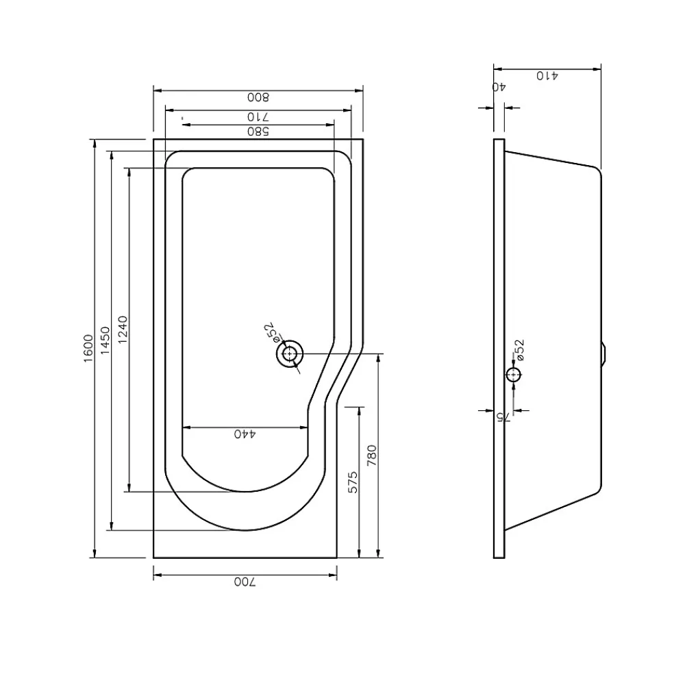 Siko 160x80 cm Beata Plus baignoire bain douche asymétrique en acrylique positionnement droite, sans pieds, blanc (BE1600PPLUS)
