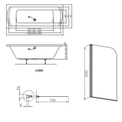 Baignoire Droite|Siko 160x70 cm Ensemble baignoire universelle + Pare baignoire pivotant chrome + pieds (CUB1600PLUS-SETP1)