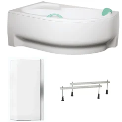 Baignoire D'Angle|Siko 160x100 cm Fortuna Plus baignoire d'angle en acrylique, droite + tablier + pare-baignoire + pieds, blanc (FO1600PPLUS-SETP1)