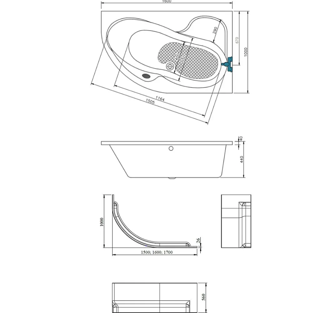 Siko 160x100 cm Fortuna Plus baignoire d'angle en acrylique, droite + tablier 160 cm + pieds, blanc (FO1600PPLUS-SET1)