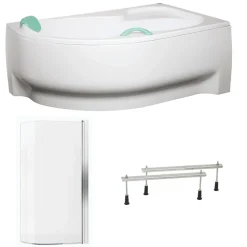 Baignoire Asymétrique|Siko 160x100 cm Fortuna Plus baignoire d'angle en acrylique, gauche + tablier + pare-baignoire, pieds, blanc (FO1600LPLUS-SETP1)