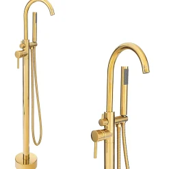 Robinet De Baignoire|Silla Global Silla élégant Robinet de Baignoire sur pied avec inverseur et bec rotatif avec douchette et flexible, Doré