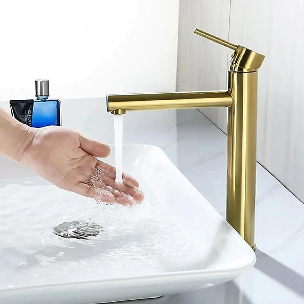 Silla Global SILLA Mitigeur lavabo moderne bec haut en Laiton, économie d'eau, Doré