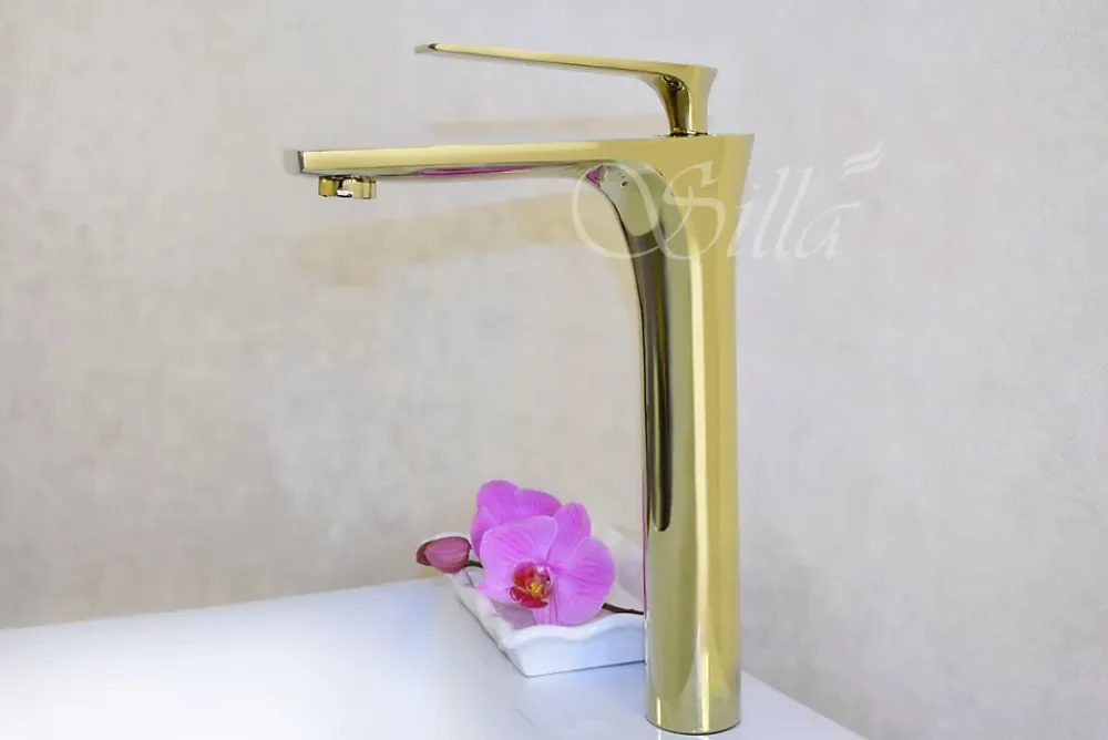 Silla Global SILLA Mitigeur lavabo moderne bec haut en Laiton, économie d'eau, Doré