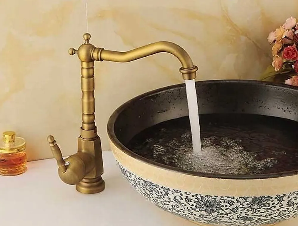 Silla Global SILLA Mitigeur lavabo retro bec haut en Laiton, économie d'eau, Vintage doré