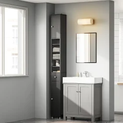 Sobuy Colonne de salle de bain étanche avec étagères et tiroirs réglables, MDF noir