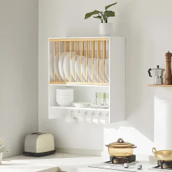Sobuy KCR09-W Porte-Assiettes Murale, Meuble de Rangement d'Assiettes et Epices, Etagère Murale Blanche