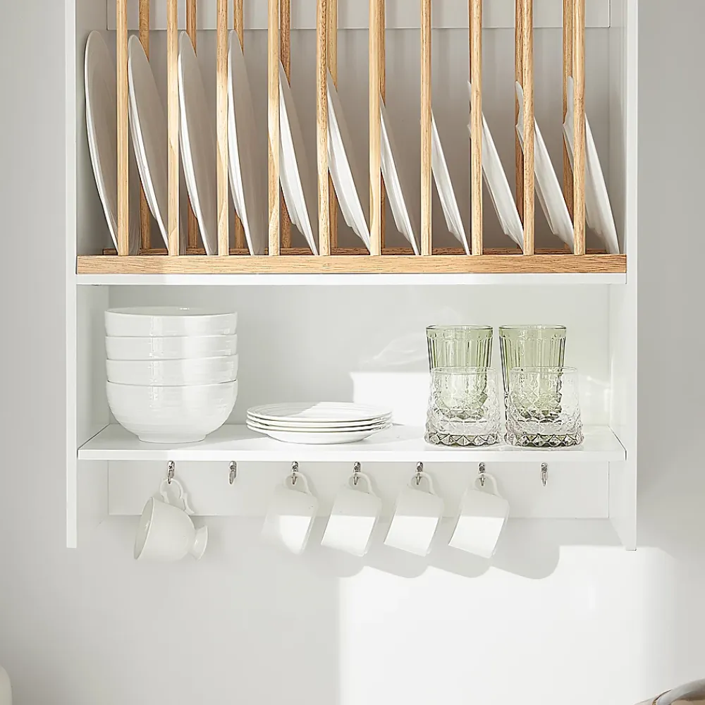 Sobuy KCR09-W Porte-Assiettes Murale, Meuble de Rangement d'Assiettes et Epices, Etagère Murale Blanche