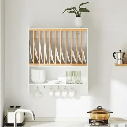 Sobuy KCR09-W Porte-Assiettes Murale, Meuble de Rangement d'Assiettes et Epices, Etagère Murale Blanche