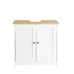 Meuble Sous Lavabo|Sobuy Meuble Lavabo Salle de Bain 2 Portes 2 Étages Blanc en Bois Naturel
