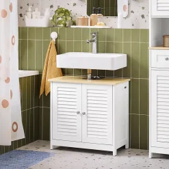 Meuble Sous Lavabo|Sobuy Meuble Lavabo Salle de Bain 2 Portes 2 Étages Blanc en Bois Naturel