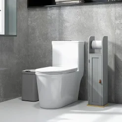 Meuble Wc|kleankin Support papier toilette - porte-papier toilette - armoire pour papier toilette - porte, 2 étagères, sortie papier gris bois clair
