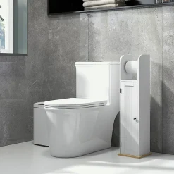 Meuble Wc|kleankin Support papier toilette - armoire pour papier toilette - porte, 2 étagères, sortie papier blanc bois clair