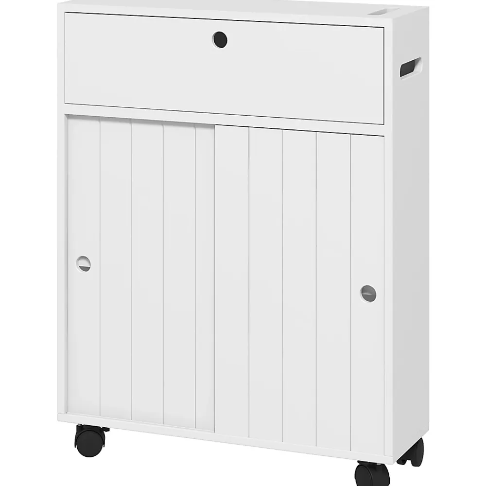 kleankin Support papier toilette sur roulettes - armoire papier toilette - 2 portes coulissantes, étagère, 2 compartiments fermés - blanc
