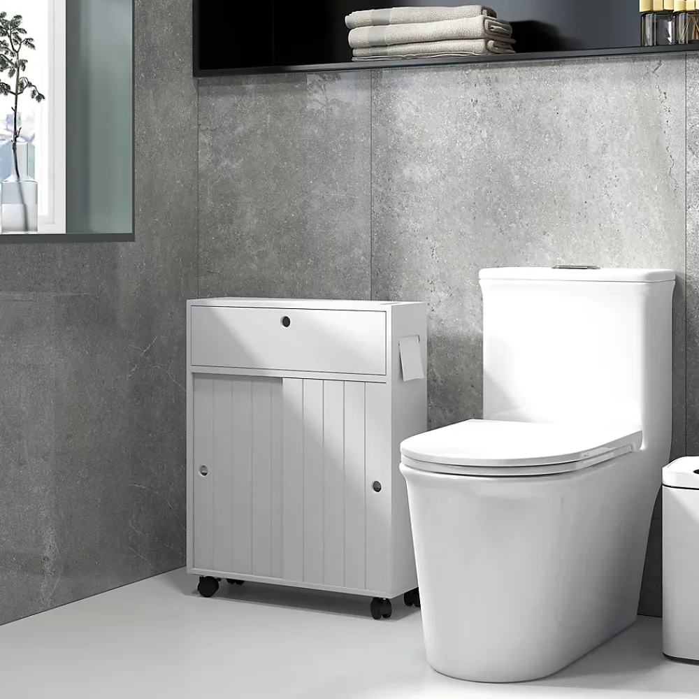 kleankin Support papier toilette sur roulettes - armoire papier toilette - 2 portes coulissantes, étagère, 2 compartiments fermés - blanc