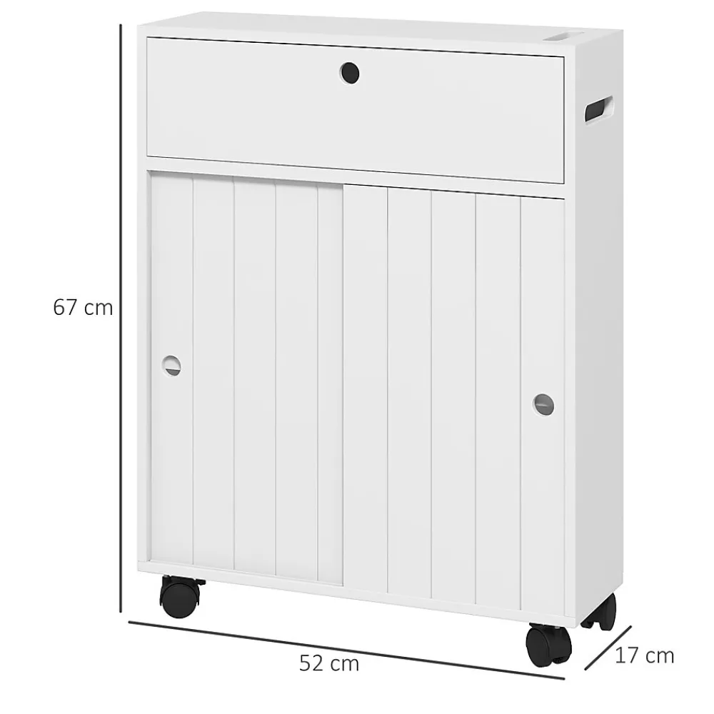 kleankin Support papier toilette sur roulettes - armoire papier toilette - 2 portes coulissantes, étagère, 2 compartiments fermés - blanc