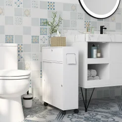 kleankin Support papier toilette sur roulettes - armoire papier toilette - 2 portes coulissantes, étagère, 2 compartiments fermés - blanc