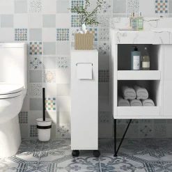 kleankin Support papier toilette sur roulettes - armoire papier toilette - 2 portes coulissantes, étagère, 2 compartiments fermés - blanc