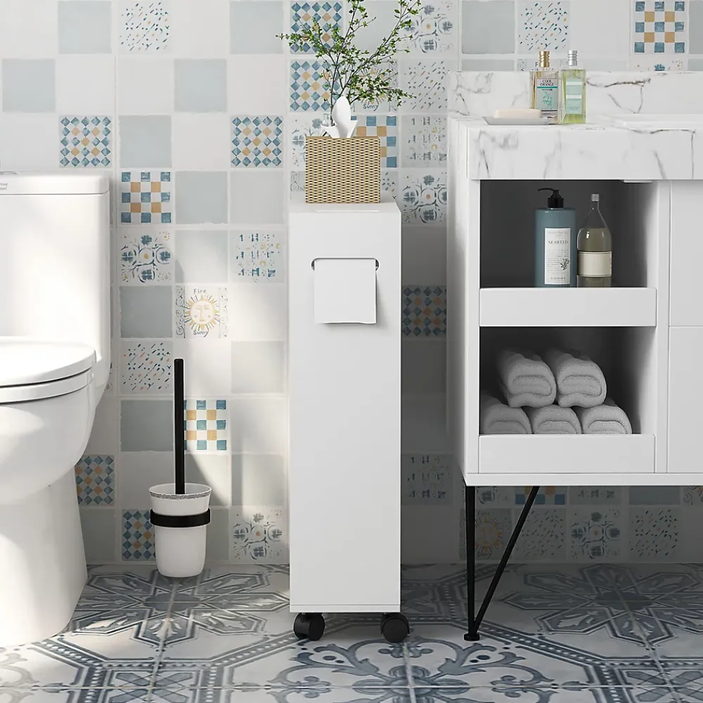 kleankin Support papier toilette sur roulettes - armoire papier toilette - 2 portes coulissantes, étagère, 2 compartiments fermés - blanc