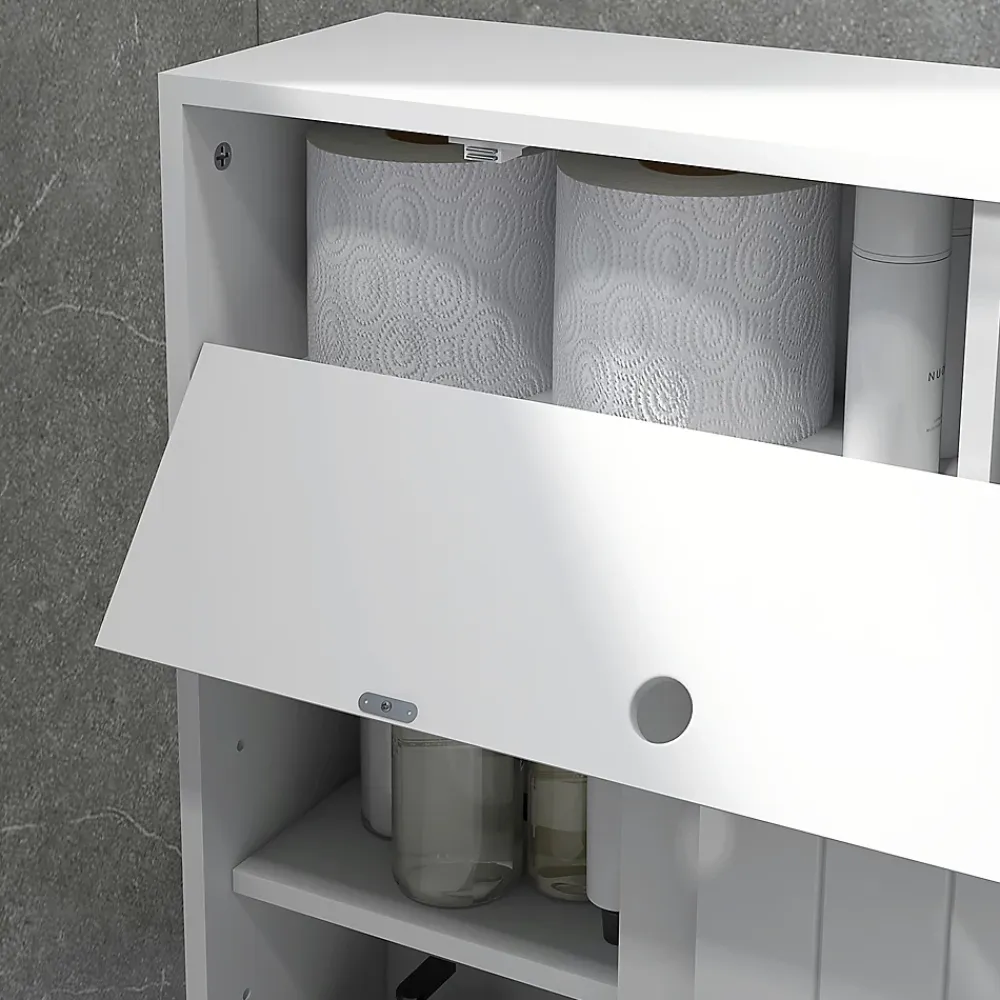 kleankin Support papier toilette sur roulettes - armoire papier toilette - 2 portes coulissantes, étagère, 2 compartiments fermés - blanc