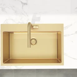 Swiss Aqua Technologies Aurum Évier de cuisine encastrable inox 304, 1 bac , 68x45x21 cm, Or brossé PVD