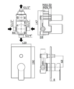 Swiss Aqua Technologies by Paffoni B-Way Set de finition de douche avec levier, 2 sorties, + Corps encastré inclus (SATBSBW215)