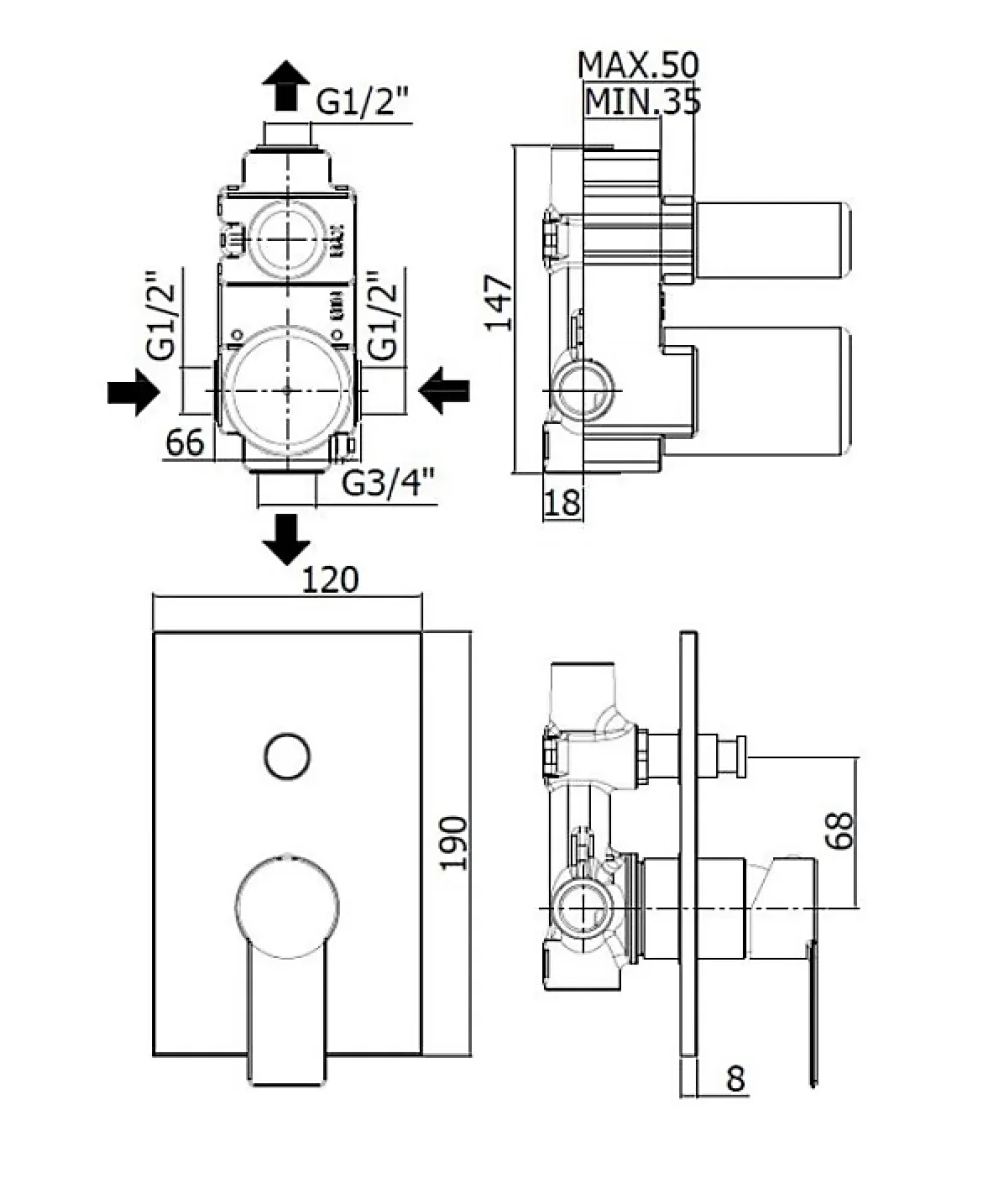 Swiss Aqua Technologies by Paffoni B-Way Set de finition de douche avec levier, 2 sorties, + Corps encastré inclus (SATBSBW215)