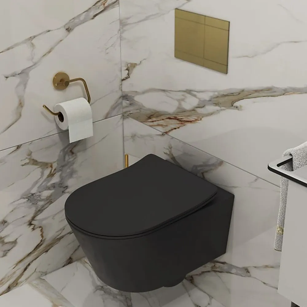 Swiss Aqua Technologies WC suspendu sans bride et fixations invisibles + abattant frein de chute, Noir mat (SATBRE010RREXPBKM)