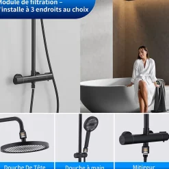 Homelody Système de Douche avec Filtre et Thermostat Noir avec Douchette à Main à 3 Types de Jets et Douche de Tête de 25 cm