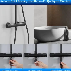 Homelody Système de Douche avec Filtre et Thermostat Noir avec Douchette à Main à 3 Types de Jets et Douche de Tête de 25 cm