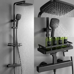 Homelody Système de Douche avec Thermostat et Tablette de Douche Noir - Ensemble Complet de Robinetterie de Douche