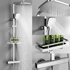 Homelody Système de Douche avec Thermostat et Tablette de Douche Chromée, Ensemble Complet de Robinetterie de Douche