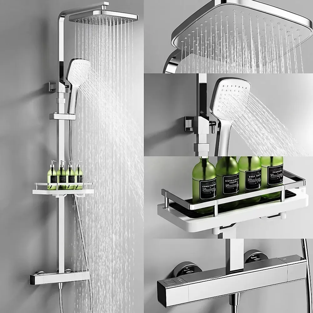 Homelody Système de Douche avec Thermostat et Tablette de Douche Chromée, Ensemble Complet de Robinetterie de Douche