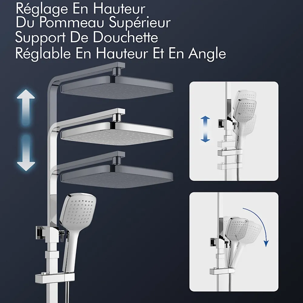 Homelody Système de Douche avec Thermostat et Tablette de Douche Chromée, Ensemble Complet de Robinetterie de Douche