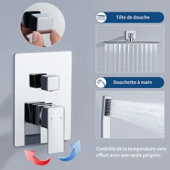 Colonne De Douche Encastrable|Homelody Système de Douche Encastré avec Mitigeur Mécanique Effet Pluie Ciel de Pluie Carré 300 mm Inox Chromé pour Salle de Bain