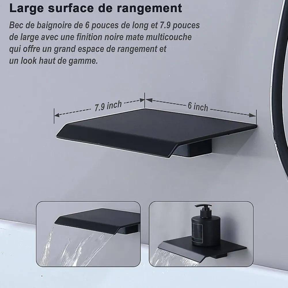 Homelody Système de Douche Encastrable Noir avec Grande Tête de Douche Carrée 12" et sortie de cascade ci-dessous