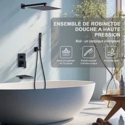 Homelody Système de Douche Encastrable Noir avec Grande Tête de Douche Carrée 12