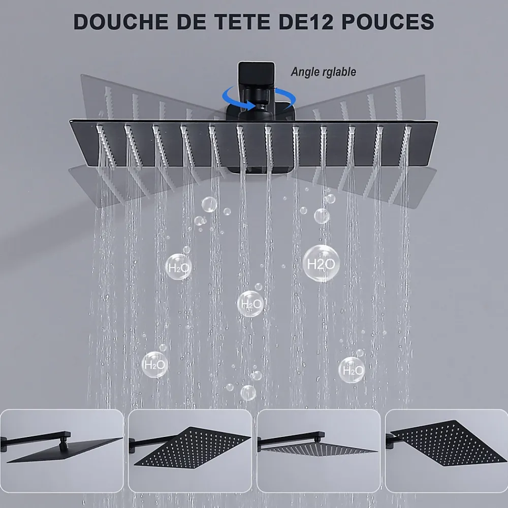 Homelody Système de Douche Encastrable Noir avec Grande Tête de Douche Carrée 12" et sortie de cascade ci-dessous