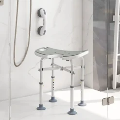 Homcom Tabouret de douche - siège de douche avec barre d'appui ventouse - hauteur réglable - alu HDPE gris blanc