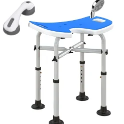 Homcom Tabouret de douche - siège de douche avec barre d'appui ventouse - hauteur réglable - alu HDPE bleu blanc