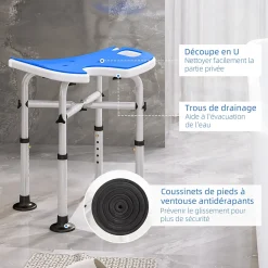 Homcom Tabouret de douche - siège de douche avec barre d'appui ventouse - hauteur réglable - alu HDPE bleu blanc